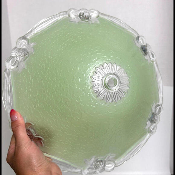 Vintage Deco Green Textured Thick Glass Ceiling Shade Bow Ribbon Accent Deco 12" - Picture 14 of 14